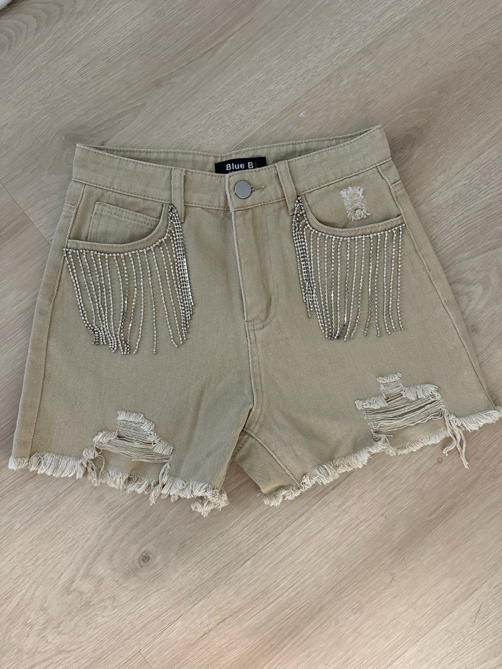 Blue B Tan Distressed Denim Shorts with Fringe Chain Detail